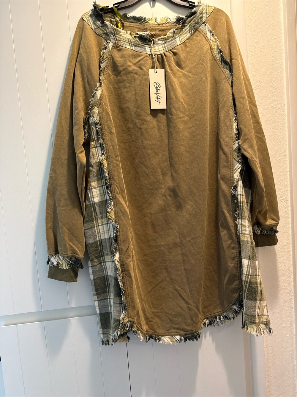 BlueVelvet Olive-Tan Midi Dress with the pockets , Plaid Trim brand new